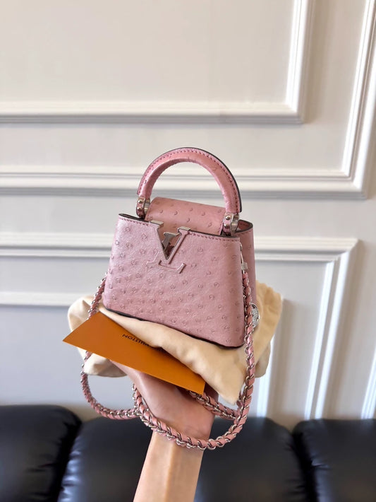 LV Capucines Nano bag in pink ostrich leather