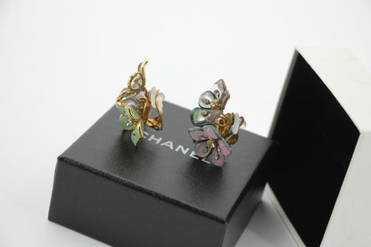 Chanel Vintage 71-80 Rhinestone Pink and Green Flower Earrings