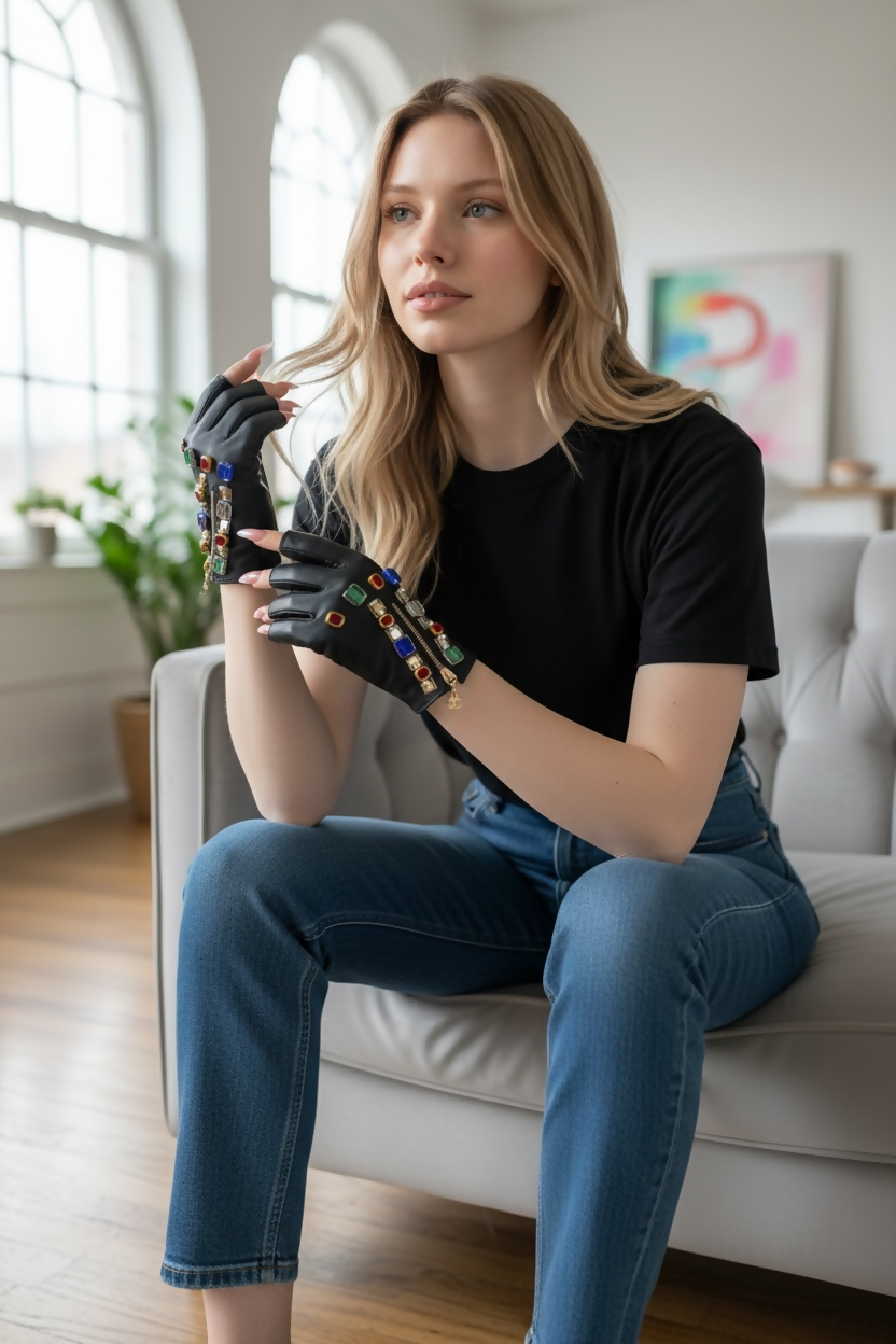 RARE Chanel 11A Paris Byzance Black Leather Jeweled Stone Gloves Size 7