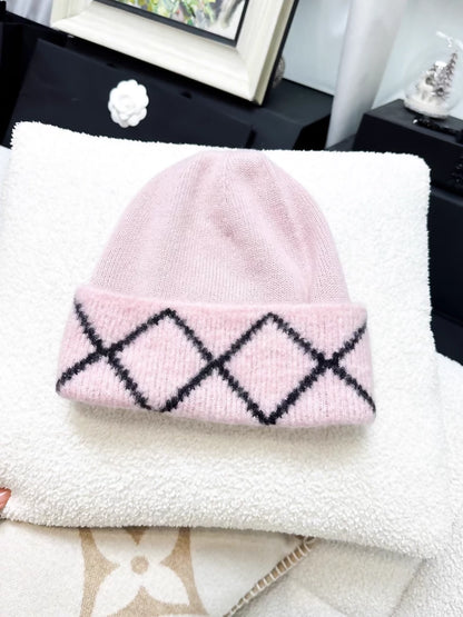 Chanel 24B pink and black cashmere beanie with large double C logo