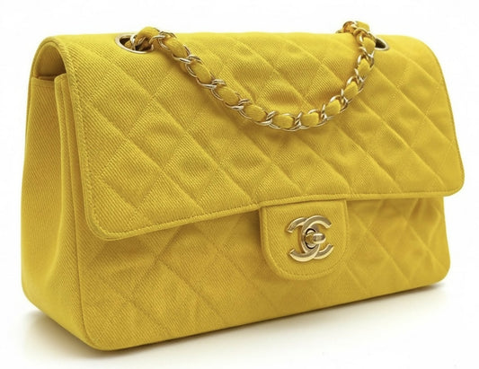 Vintage Chanel 1992 Yellow Denim Medium Classic Flap Bag 24K Gold Hardware