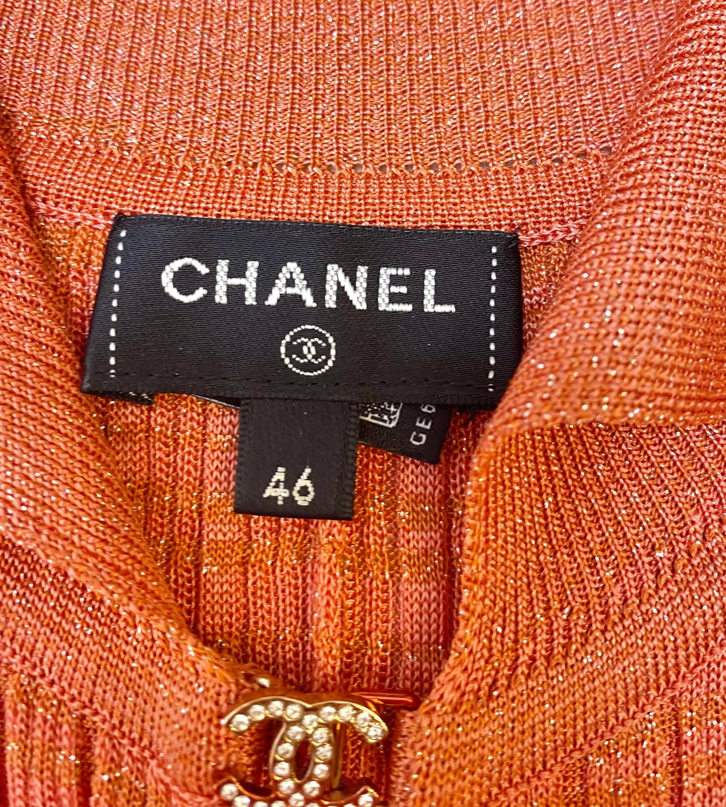 CHANEL 22P PINK CORAL ORANGE RIBBED METALLIC LUREX COLLARED MAXI DRESS FR 46