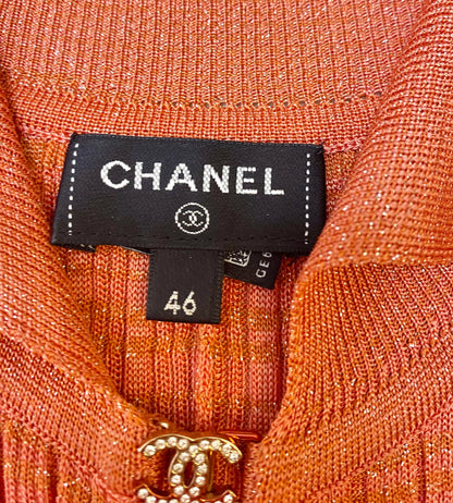 CHANEL 22P PINK CORAL ORANGE RIBBED METALLIC LUREX COLLARED MAXI DRESS FR 46
