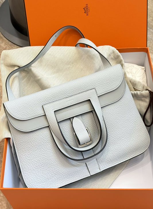Hermès Halzan 31 Bleu Pâle Clemence Leather with Palladium Hardware