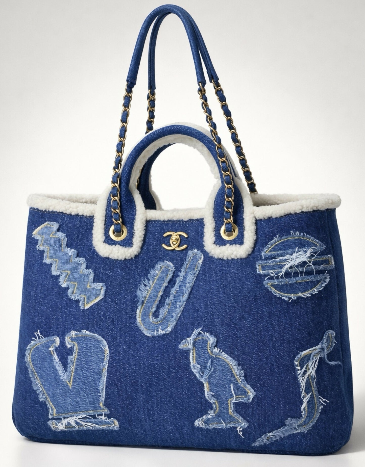 Chanel 19A New York Egypt Denim Shearling Hieroglyph Coco Shopping Tote