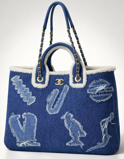 Chanel 19A New York Egypt Denim Shearling Hieroglyph Coco Shopping Tote