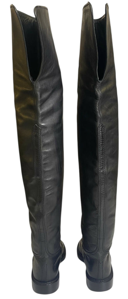 Rare Vintage Chanel 90s Claudia Schiffer Black Leather CC Riding Boots EU 36 (fits 37)