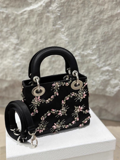Lady Dior small black silk embroidery bag with silver hardware