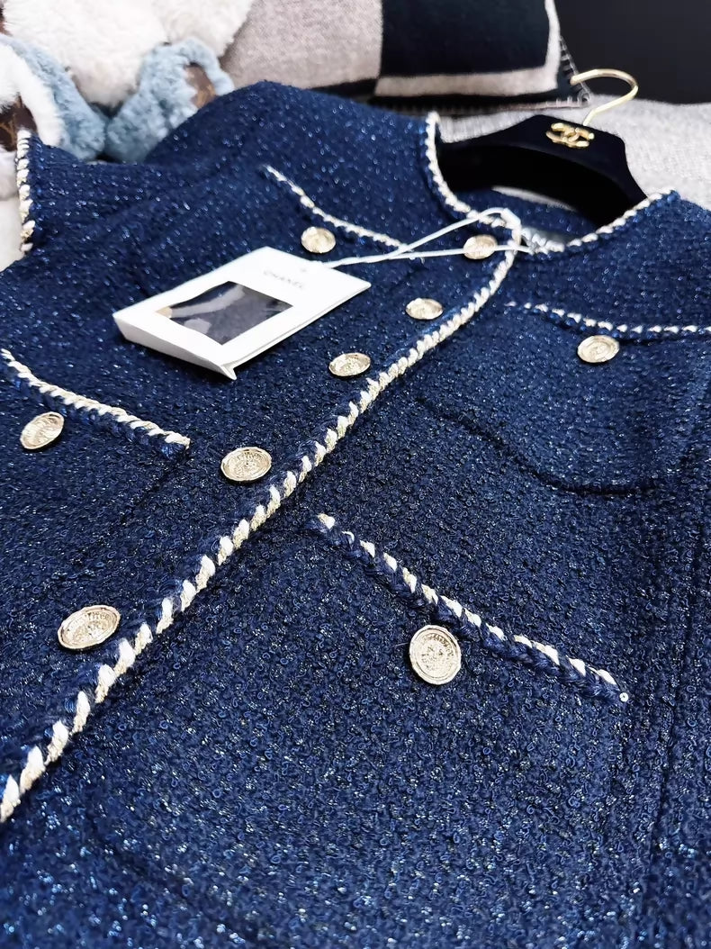 Chanel 25A navy blue tweed vest with fine shimmer and white gold trim