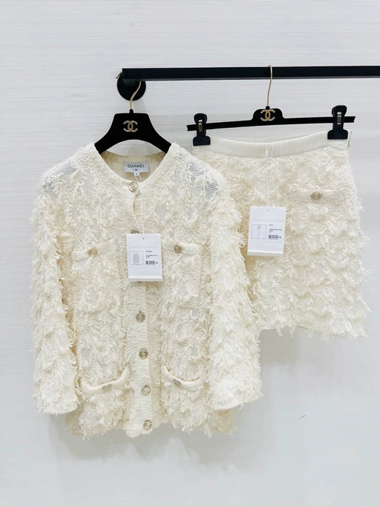Chanel 21S ecru fringed knit cardigan