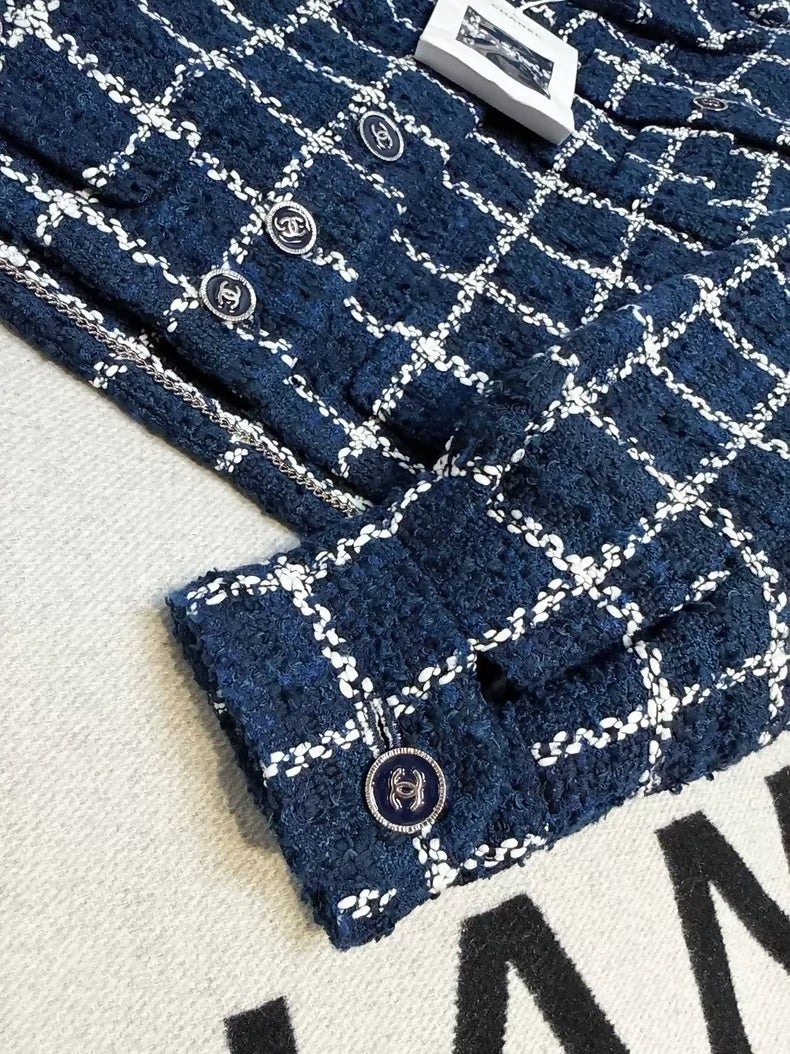 Chanel 24P blue and white check tweed woven collar jacket