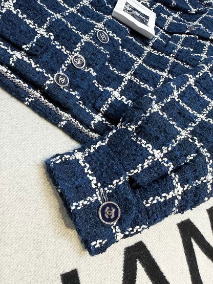 Chanel 24P blue and white check tweed woven collar jacket