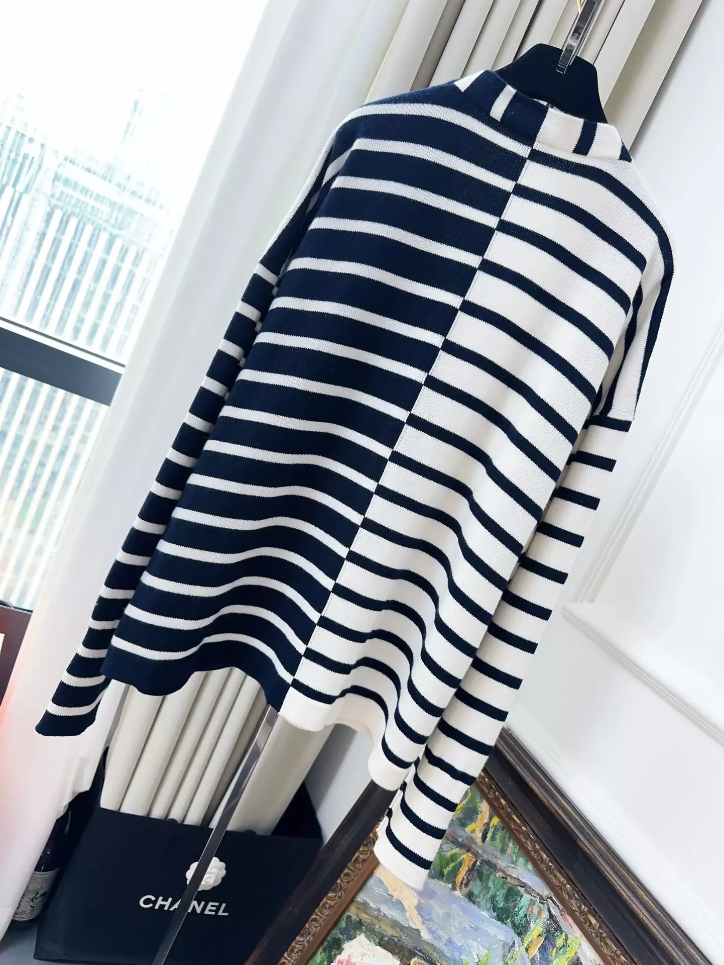 Chanel 24s navy blue and white striped knitted cardigan