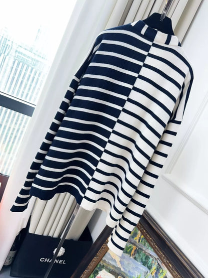 Chanel 24s navy blue and white striped knitted cardigan