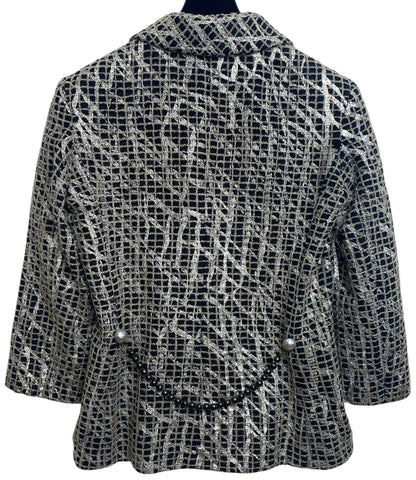 Chanel 12P Double Breasted Silver Metallic Graffiti Black Removable Pearls Jacket FR 36