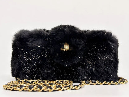 Chanel Black Rabbit Fur Chain Clutch with Gold CC Logo