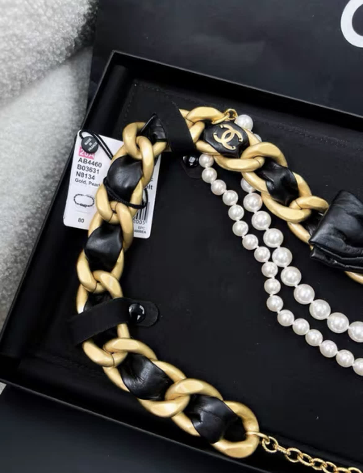 Chanel 20A Gold Leather Chain with Black Bow Pearl Chain Waist