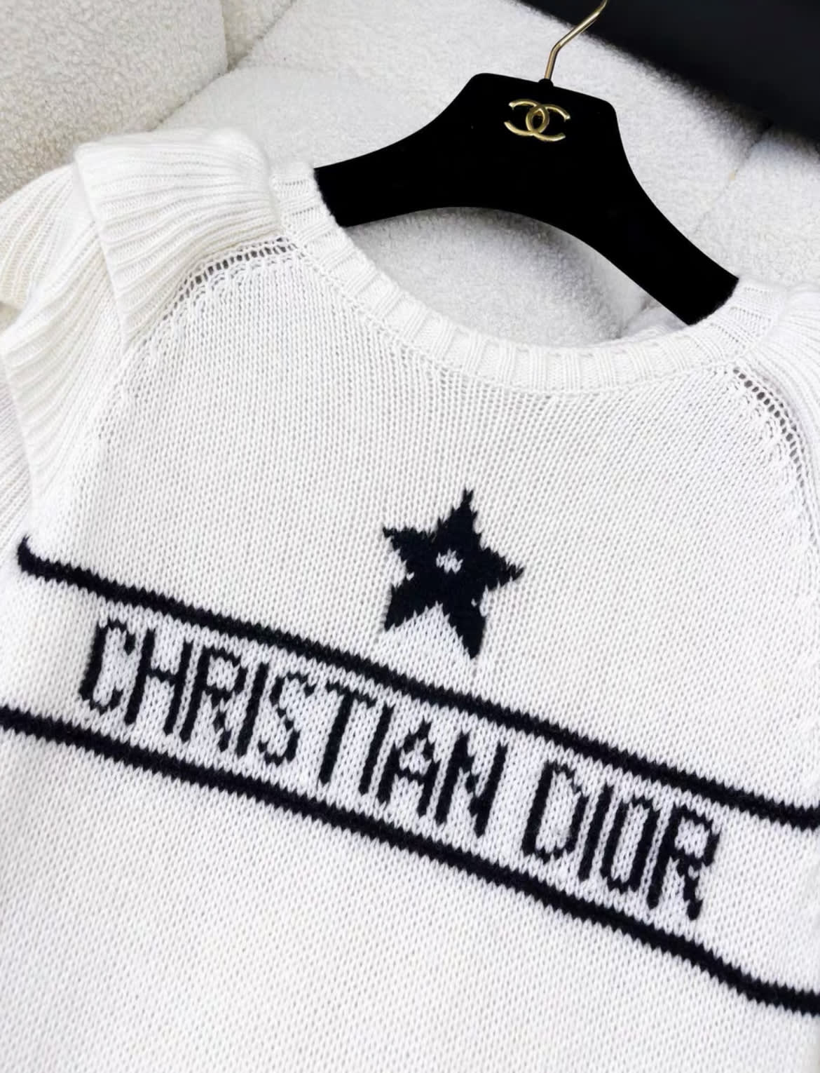 Dior ruffles white cashmere knit lucky star top