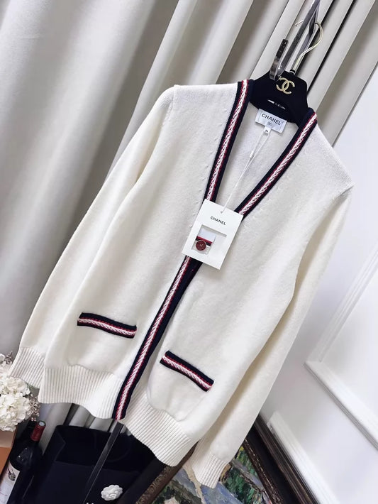 Chanel 26P white cashmere knit cardigan with red and blue stripes trim