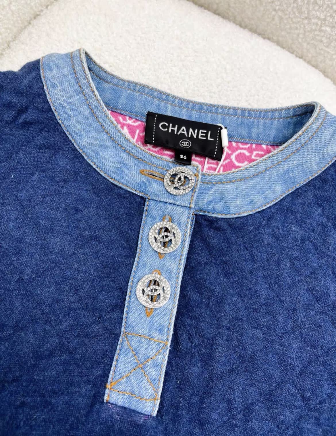 Chanel diamond button blue denim dress