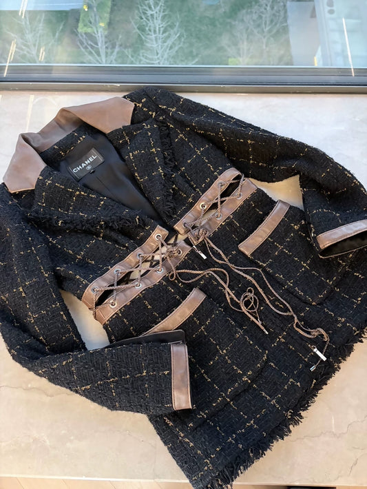 Chanel 16k black and gold tweed & leather jacket