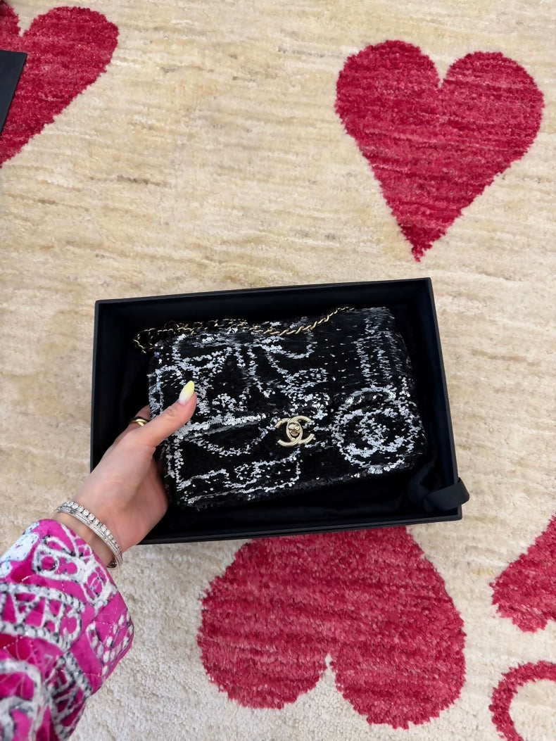 Chanel 24B bow black and white sequined mini flap bag CF