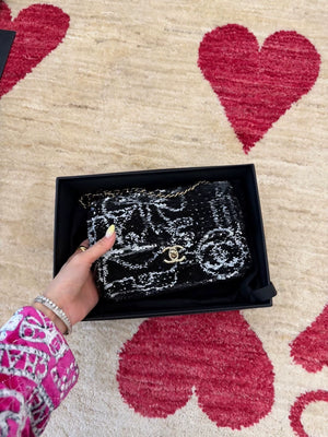 Chanel 24B bow black and white sequined mini flap bag CF