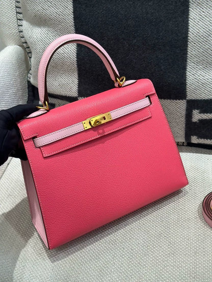 Hermes Kelly 25 Lipstick Pink & Pink Sakura Goat Leather brushed gold hardware