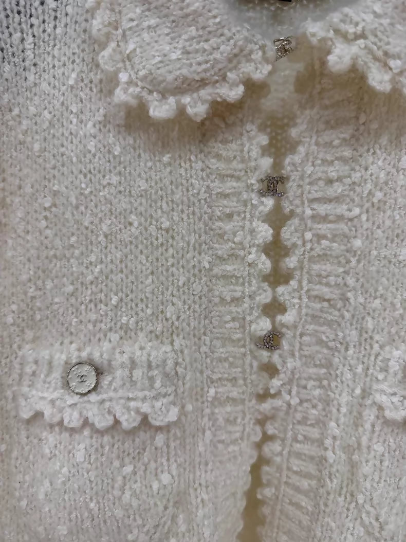 Chanel 25B ecru Knit Cardigan with Lace Trim