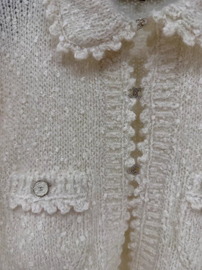 Chanel 25B ecru Knit Cardigan with Lace Trim
