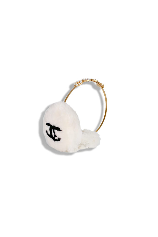 CHANEL 01A CC Logo Earmuffs Black Gold Pearl Fur