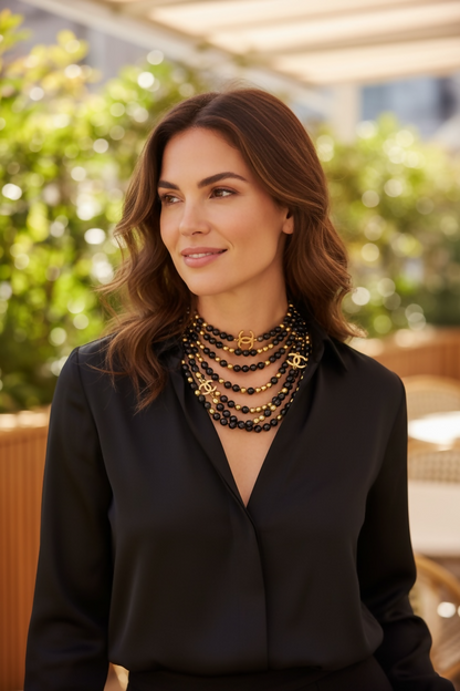 Chanel 16S Airlines 3 Strand 4 CC Extra Long Black Gold Mirror Statement Necklace