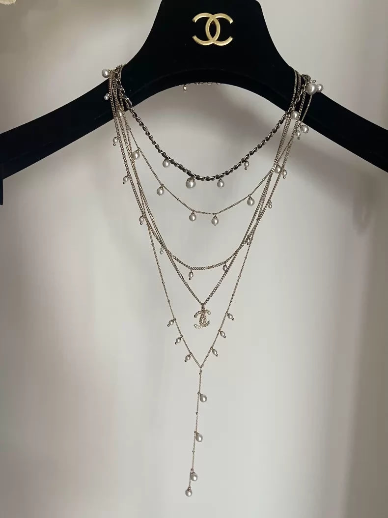 Chanel 19 Black Gold Leather Chain Multi-Layer Pearl Necklace