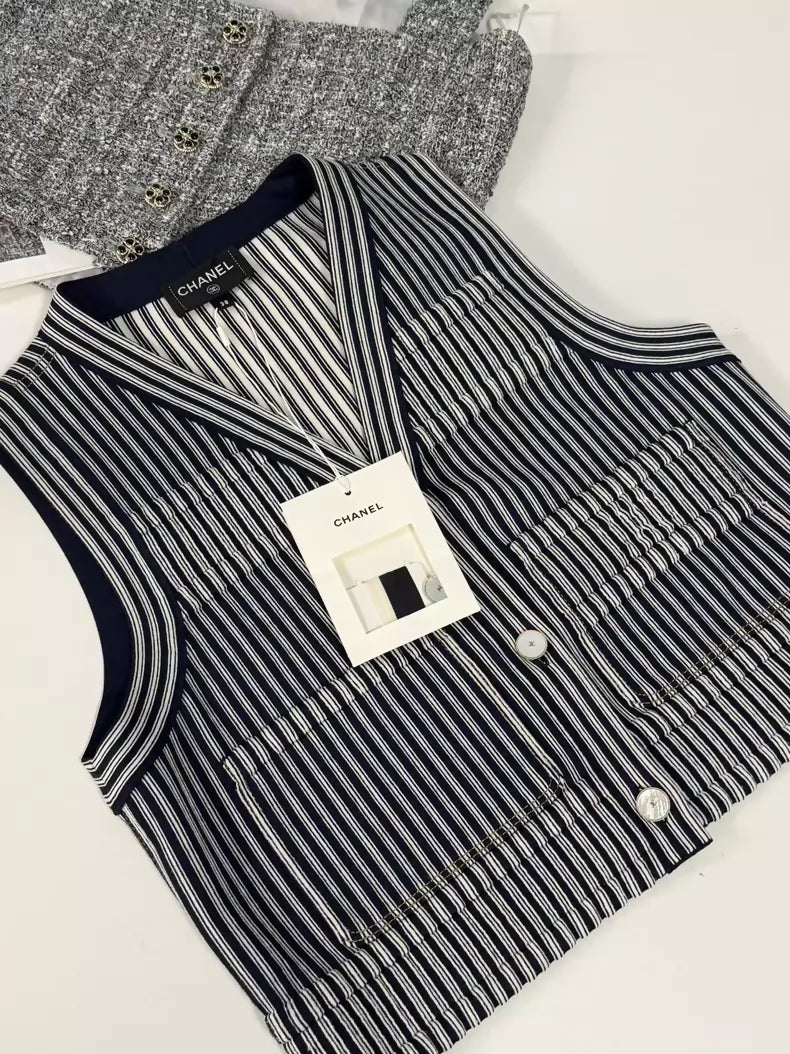 Chanel 25P Blue and White Striped Vest