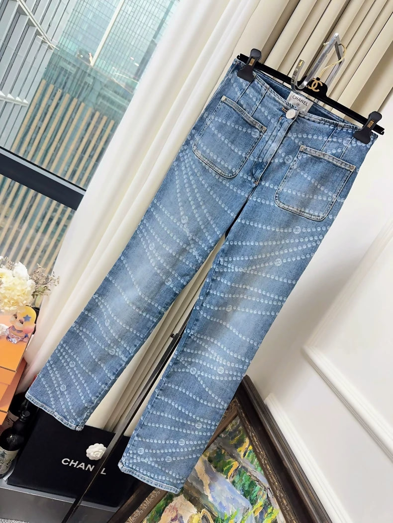 Chanel 25P blue pearl print jeans