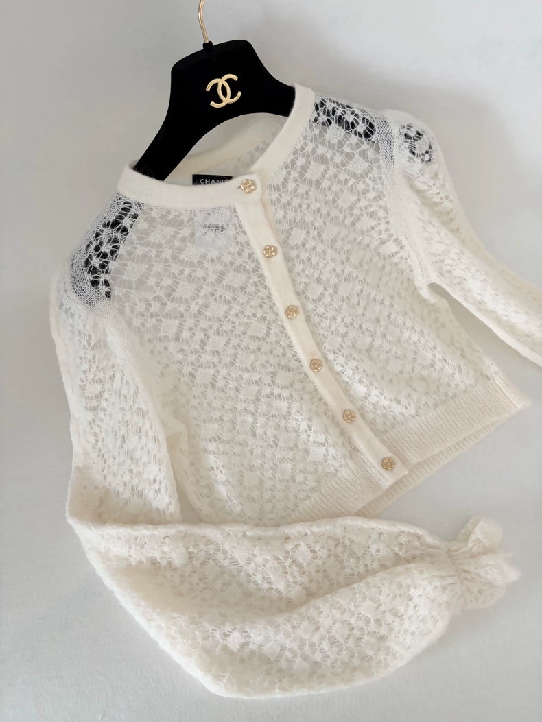 Chanel 23K white lace gold camellia button cardigan
