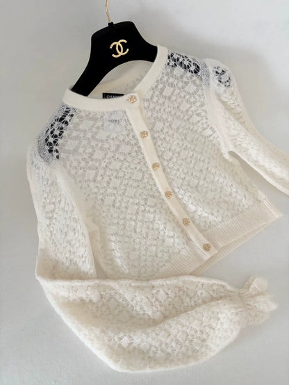Chanel 23K white lace gold camellia button cardigan
