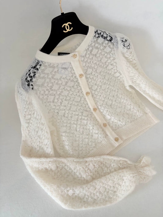 Chanel 23K white lace gold camellia button cardigan