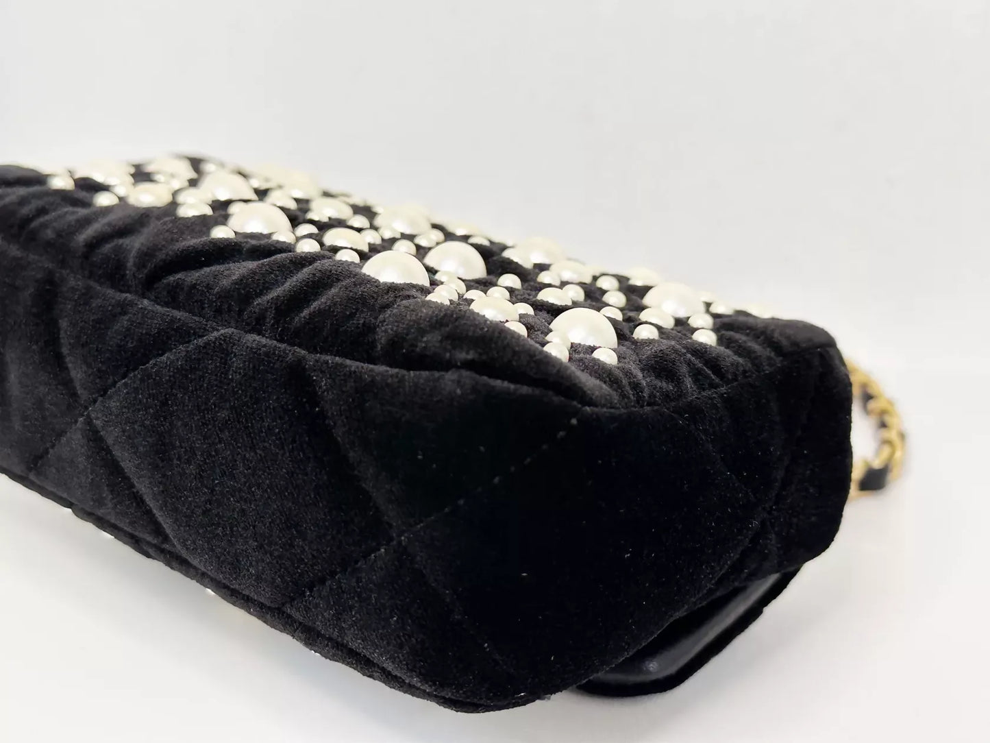 Chanel 2022 Mini Flap Bag in Black Velvet with Pearls and Gold Hardware
