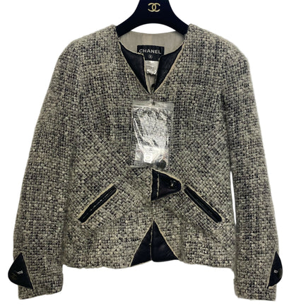 Chanel 10A Shanghai Shearling Tweed CC Grey Black Leather Trim Jacket Coat FR 36