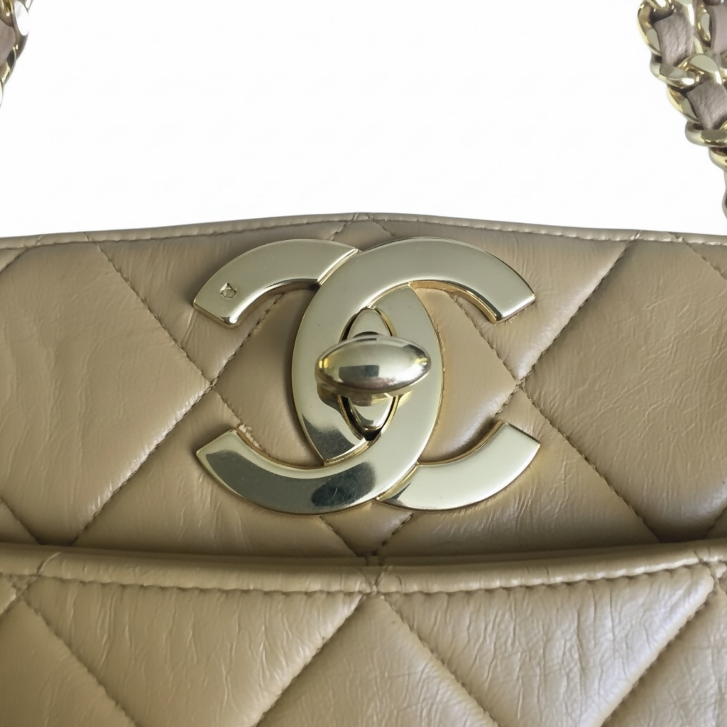 Chanel Vintage 24K CC Beige Lambskin Classic Timeless Tote Bag