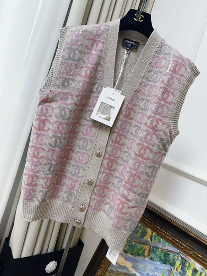 Chanel 22k gray and pink all-over double C logo sequin knitted cashmere cardigan