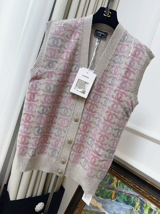 Chanel 22k gray and pink all-over double C logo sequin knitted cashmere cardigan