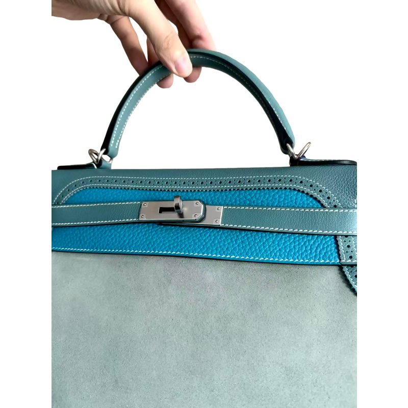 Hermes vintage Kelly 32 lace collection in suede denim blue