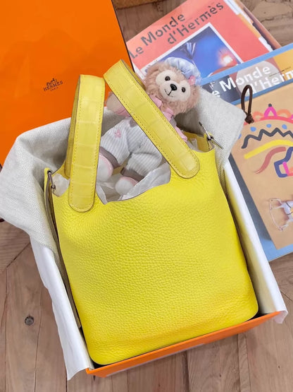 Hermès Picotin 18 Touch yellow leather and matte crocodile leather with palladium hardware