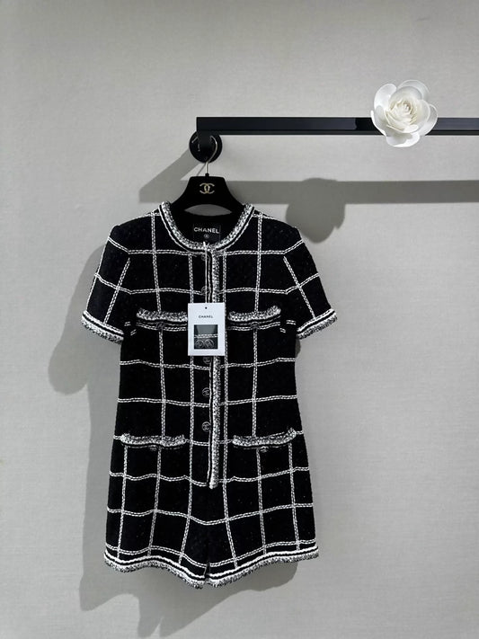 Chanel 20S Black and White tweed Silver Check Jumpsuit