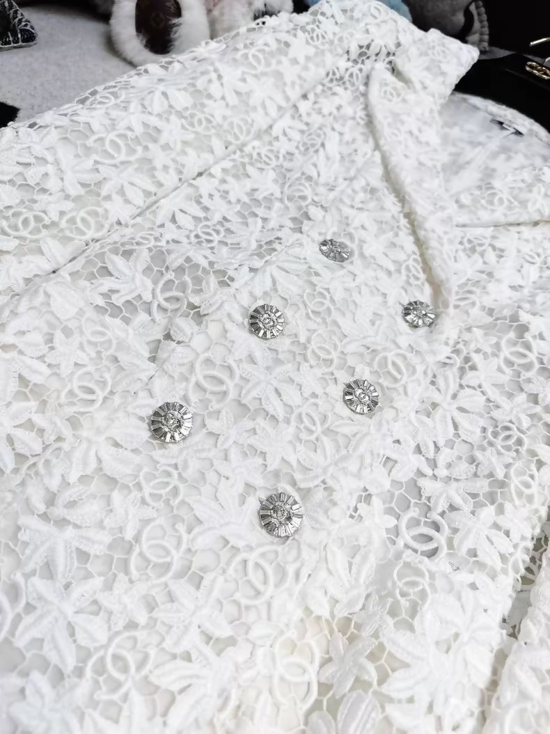 Chanel 23C White Lace Embroidered Double C Camellia Blazer