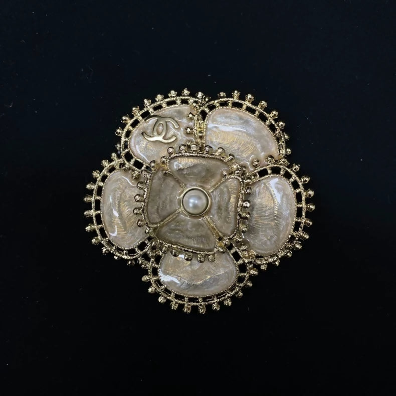 Classic 23K champagne gold camellia pearl brooch
