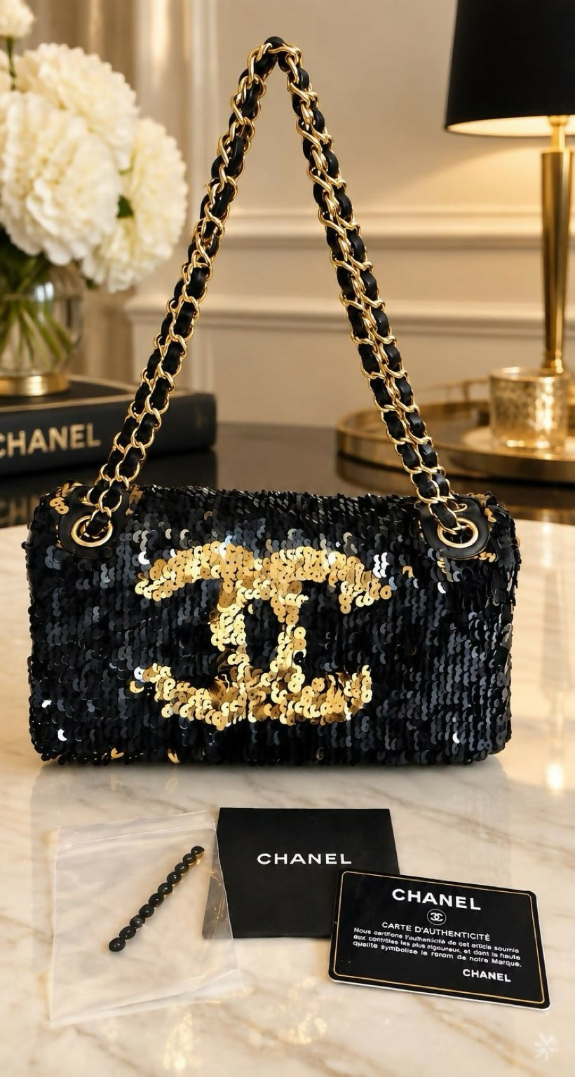 Chanel 08C Blue/Gold Metallic Sequins Summer Nights Medium Flap Bag
