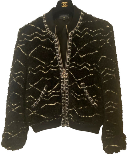 CHANEL 19B Black Alpaca CC Zipper Bomber Jacket Coat FR 36